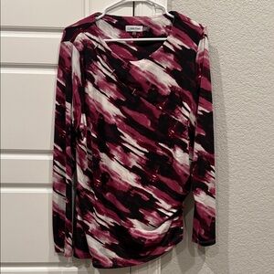 Calvin Klein Long-Sleeve Abstract Brushstroke Top - Burgundy, Black & White